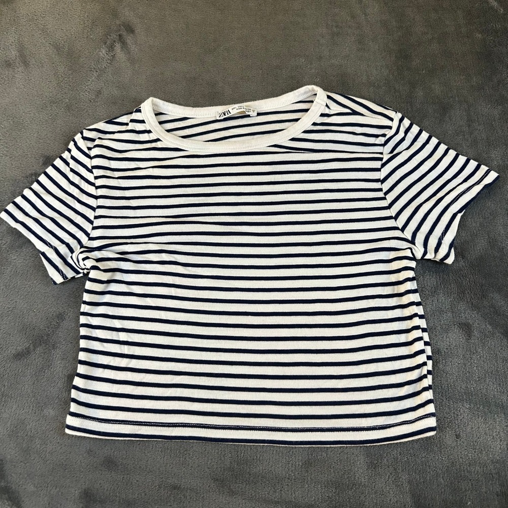 Zara Striped Crop Top Short Sleeve Crew Neck Casual‎ Tee White Navy Womens Large